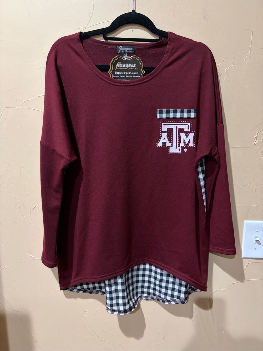 NWT WOMENS A&M Maroon Long Sleeve Tunic Top with Gingham Trim